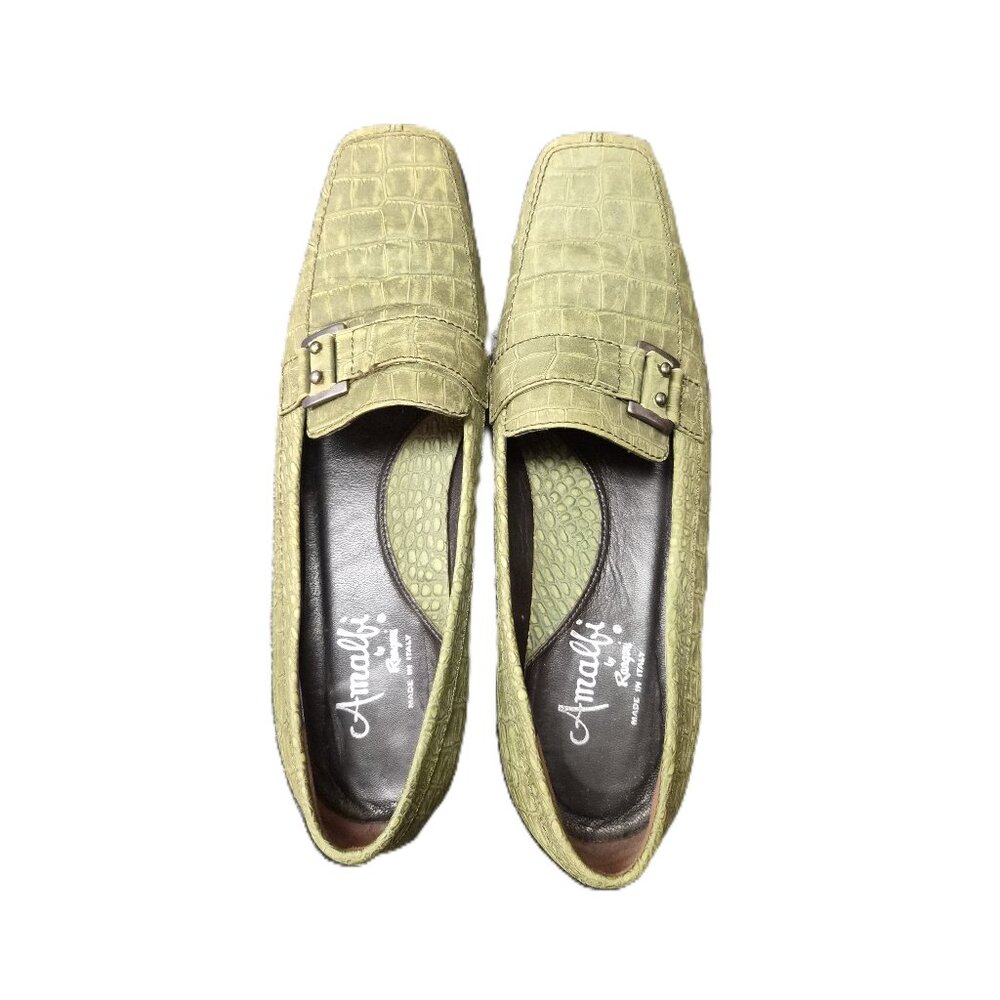 Y2K Vintage Amalfi by Rangoni Olive Green Croc Embossed Loafers Italy Quiet Luxu